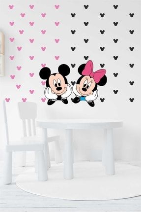 Sevimli Mini Ve Mickey Mouse Daisy Puantiyeli Pembe Ve Siyah Çocuk Odası Duvar Sticker d2760