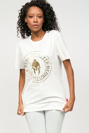 Sıfır Yaka T-shirt Beyaz Gold Baskılı Kadın BRNT-10094
