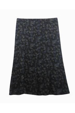 Zara Parçalı Lacivert Yaprak Desenli Kadın Büyük Beden Lastikli Etek 1606821