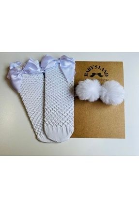 Kız Bebek/çorap Beyaz Ponponlu Lastik Bandana Ve Beyaz Fiyonklu File Çorap Seti a10011dfsdfsdf