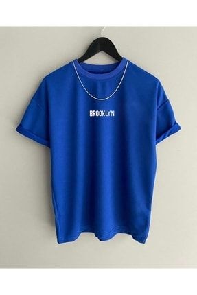 Blacksokak Erkek Mavi Brooklyn Baskılı Oversize Bisiklet Yaka Kısa Kollu Tshirt blacksokakmorbrooklyntshirt