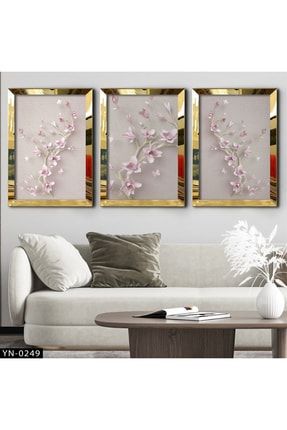 Pembe Çiçekli Ağaç Dalı - Gold Ayna Çerçeveli Tablo 3'lü Set-hyn-0249 HYN-0249