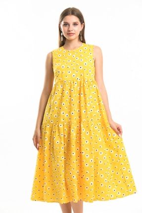 Sarı Papatya Desen Kolsuz Elbise AS1058S