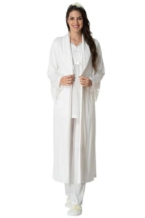 Kadın Ekru Dantelli Prenses Kollu Pamuklu Lohusa Hamile Sabahlık Pijama Takımı 3'lü Set LMCT541600