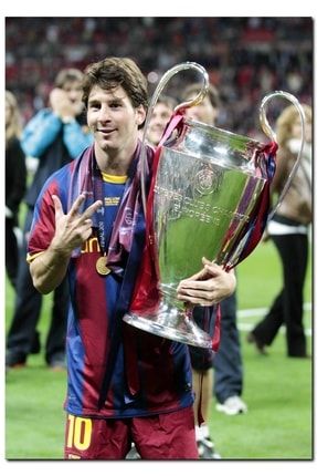 Ahşap Tablo Barcelona Formalı Messi Ve Şampiyonluk Kupası (50x70 Cm Boyut) Dikey7900 -50x70
