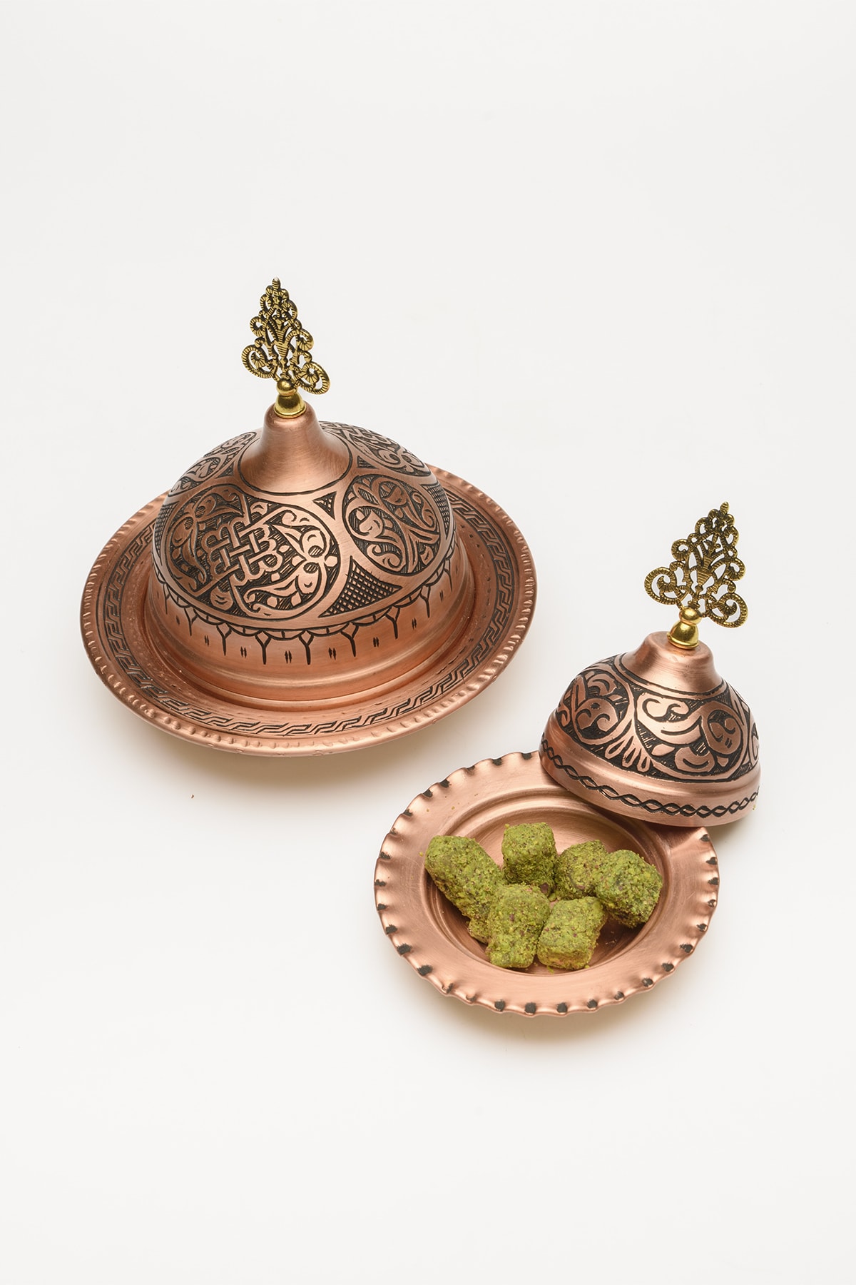 Gaziantep Copper 14 Cm-12 Cm Hand Embroidery 1st Class Special Coffee Side Serving Turkish Delight Holder-Snack Bowl Set of 2
