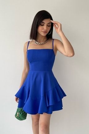 Ayarlanabilir Ince Askılı Eteği Kat Detaylı Mavi Abiye Elbise & Mavi Mezuniyet Elbisesi 102 BS-ETC-102