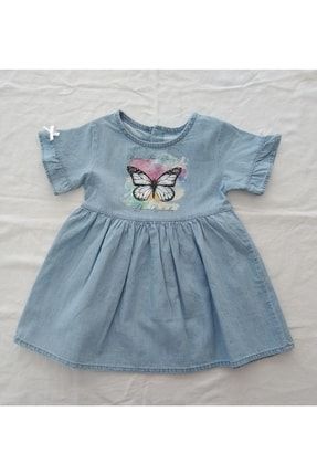 Baskılı Kız Bebek Kot Elbise 6-12 Ay Açık Mavi KD21101