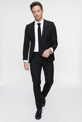 Erkek Siyah Basic Düz Slim Fit 3'lü Takım Elbise Slim Fit Gömlek Düz Kravat 99MC001031