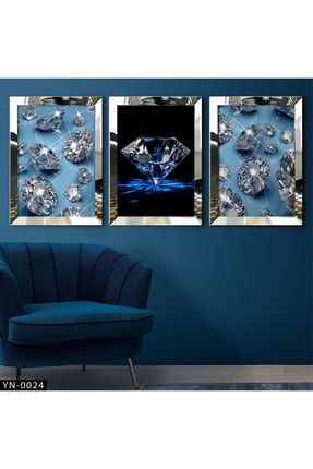 Mavi Zeminli Pırlantalar - Gümüş Ayna Çerçeveli Tablo 3'lü Set-hyn-0024 HYN-0024