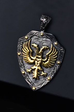 925 Ayar Gümüş Siyah Oksitli Madalyon Çift Başlı Ejderha Figürlü Erkek Kolye Ucu UVPTS100519