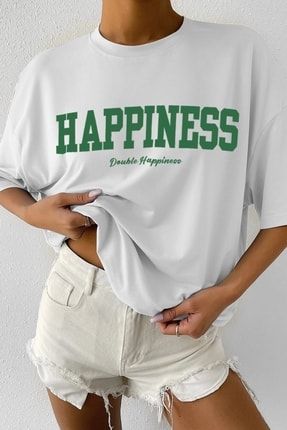 Kadın Oversize Hapiness Baskılı Beyaz T-shirt hapinesss