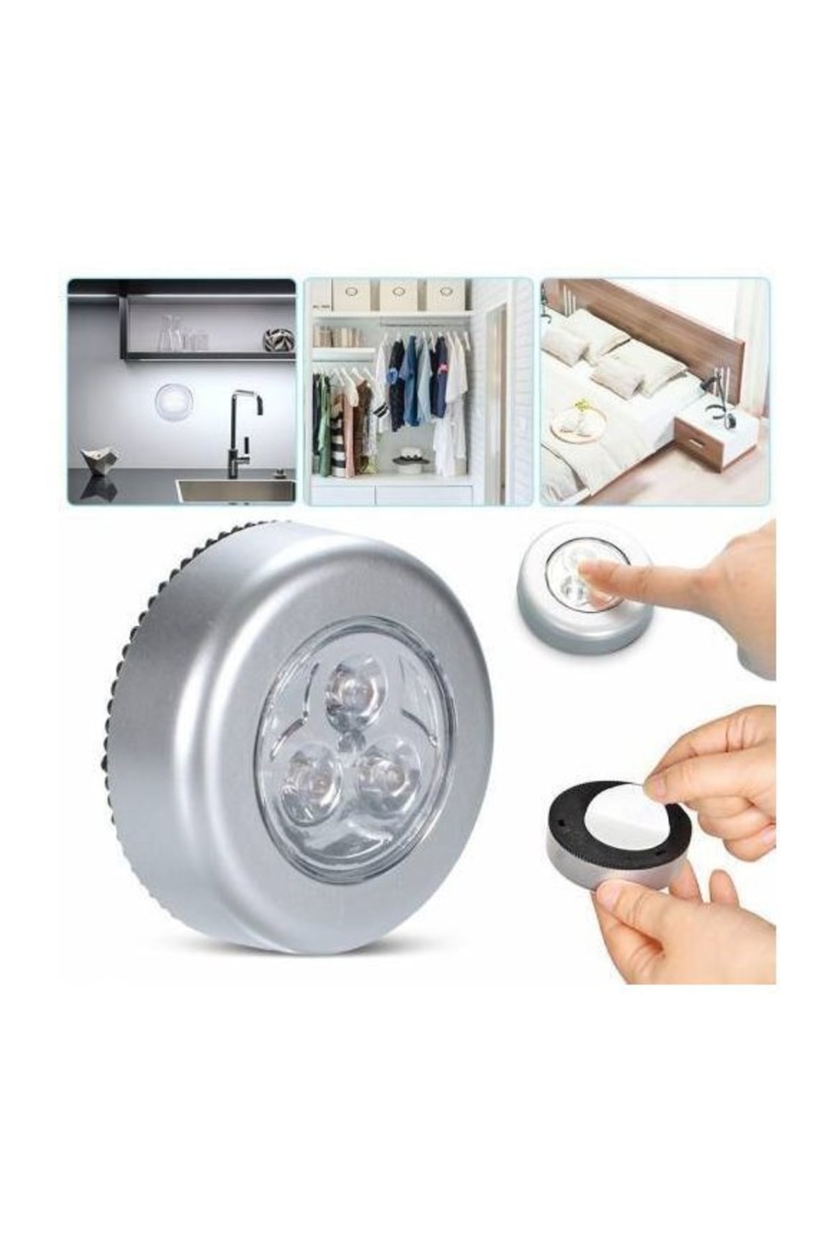 TKS STORE Kablosuz Spot Dokunmatik Lamba Yapışkanlı Dolap Içi Tezgah Üstü Spot Aydınlatma 3 Adet