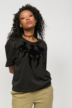 Sıfır Yaka T-shirt Siyah Yaka Baskılı Kadın Bernotti-00005