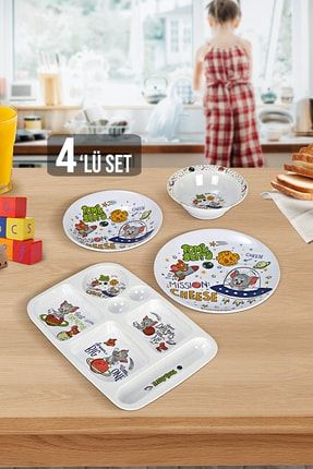 4 Parça Lisanslı Bebek Mama Tabağı Seti - Tom & Jerry Melamin Kahvaltı Kase Yemek Tabağı MCH-399