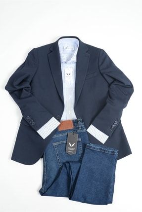 Blazer Ceket Çizgili Gömlek Kot Pantolon (3lü Kombin) MSTKM-162