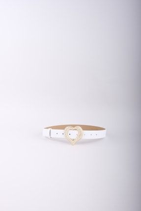 Kadın Gold Kalp Tokalı Beyaz Suni Deri Kemer TM-1315