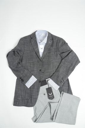 Blazer Ceket Çizgili Gömlek Keten Pantolon (3lü Kombin) MSTKM-140