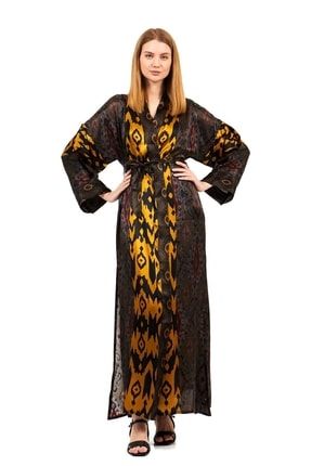 %100 Ipek Kimono Sabahlık-sarı Kaftan-etnik Desenli NF06926