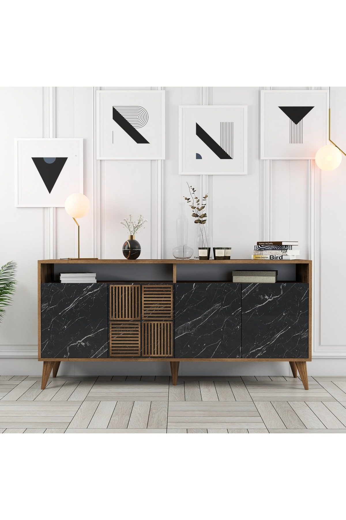 Milan 160cm Console - Walnut / Black Marble