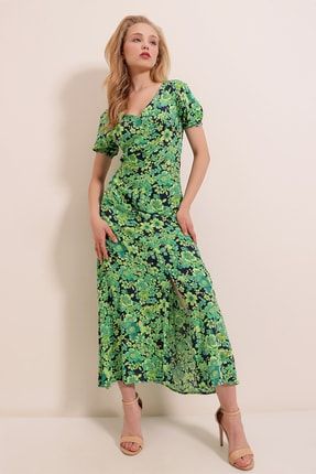 Kadın Yeşil V Yaka Önü Yırtmaçlı Pamuklu Elbise Z-000007232