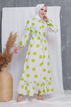 Yeşil Puantiye Desenli Keten Tesettür Elbise KSR23093