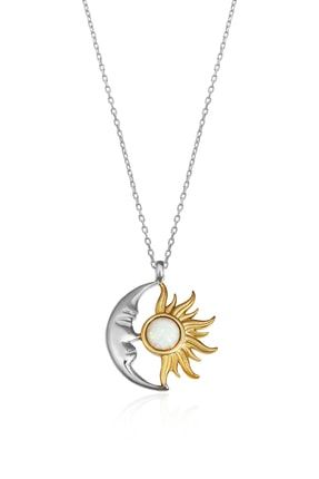 Opal Taşlı Ay Ve Güneş Kolye - 925 Ayar Gümüş Kolye AYGKLY-03