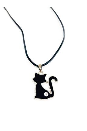 Siyah Renkli Kedi Tasarımlı Gümüş Kaplamalı Kadın Kız Derili Kolye KL01,08,0946A