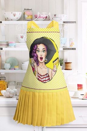 Popart Desenli Mutfak Önlüğü - Özel Tasarım Kredi Kartlı Kız Motifli Askılı Aşçı Leke Tutmaz Önlük Onluk-736sari