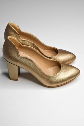 Kadın Bronz Renk Kalpli Rahat 7 Cm Topuklu Abiye Ayakkabı LNR21
