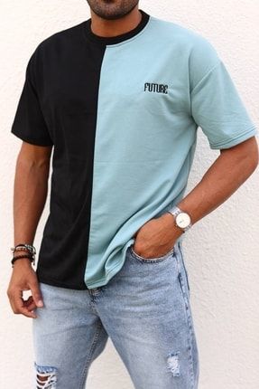 Unisex Mavi-siyah Baskılı Oversize T-shirt TTTY-223