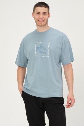 Erkek Mavi Oversize Fit Bisiklet Yaka Ön Baskılı %100 Pamuk T-shirt RF0269