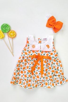 Kids Portakal Desenli Yakalı Kız Bebek Yazlık Elbise PortYak