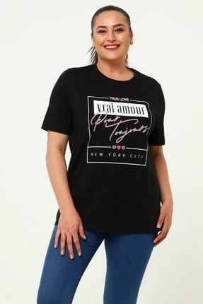 Büyük Beden Yazı Baskılı T-shirt Siyah TST0048Y0030