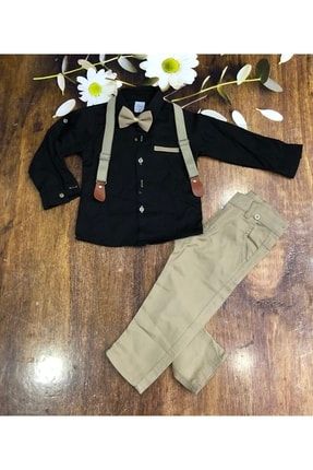 Erkek Çocuk Oxford Siyah Gömlekli Papyonlu Bej Pantolonu Takım g28
