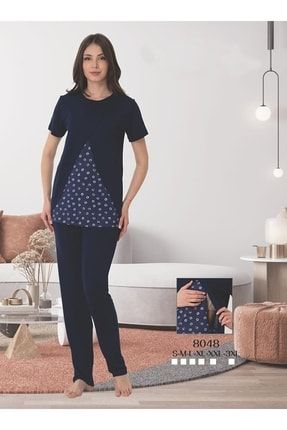 Kadın Lacivert Desenli Emzirme Özellikli Hamile Lohusa Effort Pijama Takımı LEF8048