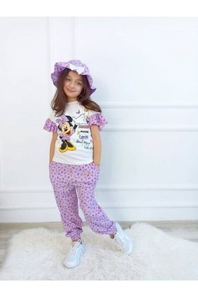 Kız Çocuk Çiçek Baskılı 3'lü Tisört - Pantalon Şapka Takımı Lila NİSA1106