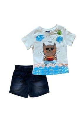 Desenli T-shirt Erkek Çocuk Jean Şort Ikili Takım HA3595