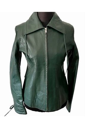 Hakiki Kuzu Derisi Ip Detaylı Koyu Yeşil Kadın Ceket A0435