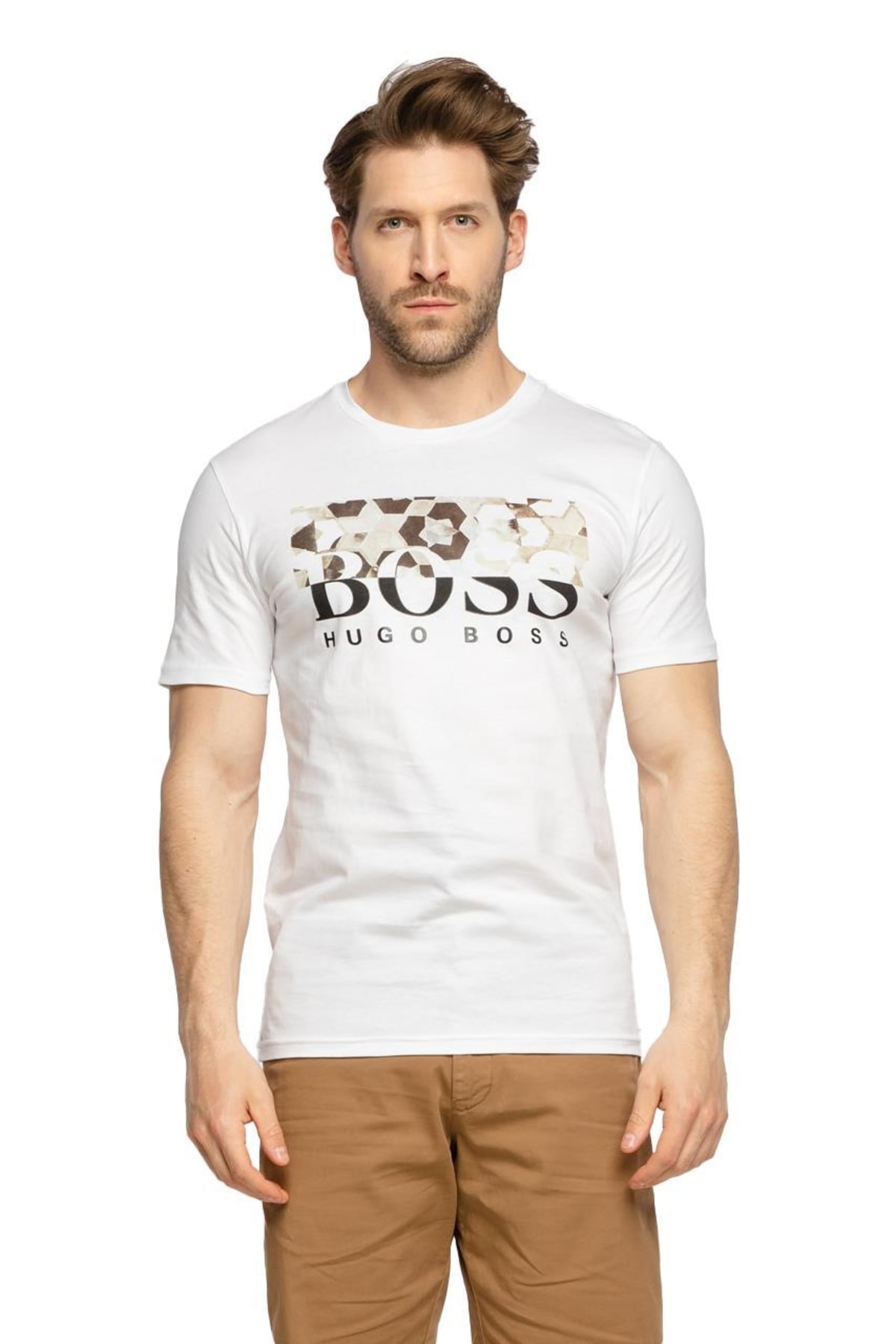 تی شرت سفید یقه گرد طرح چاپی برند آستین کوتاه مردانه هوگو باس Hugo Boss (برند آلمان)