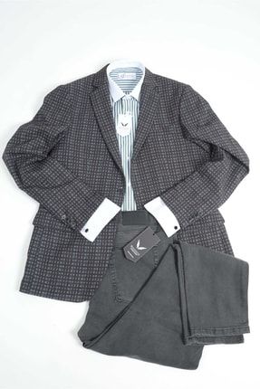 Blazer Ceket Çizgili Gömlek Kot Pantolon (3LÜ KOMBİN) MSTKM-169