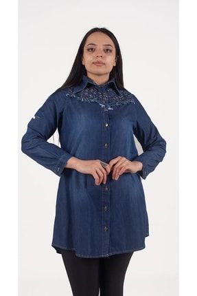 Büyük Beden Kadın Giyim Kot Taşlı Tunik Gömlek Mavi Bz790 BZ790