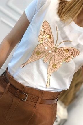 Kadın Beyaz Kelebek Payetli Pamuklu Tişört MK00045