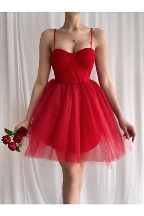 Kırmızı Tül Etekli Kalp Yaka Elbise AFŞ-KRKAL