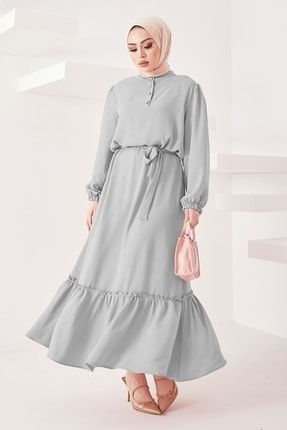 Meyra Düğmeli Ayrobin Tesettür Elbise - Gri MS00MC99300