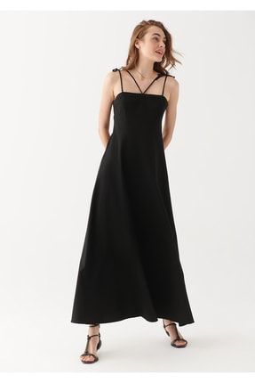 Keten Karışımlı Askılı Siyah Elbise 1310099-900