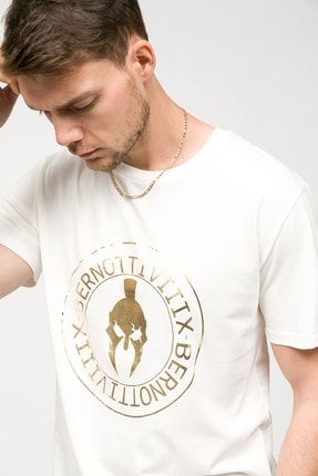 Sıfır Yaka T-shirt Beyaz Gold Baskılı Erkek BRNT-10093