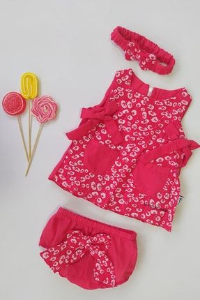 Kırmızı Arkası Fiyonklu 3'lü Takım Çiçekli Kız Bebek Pamuklu Elbise TYC00457442699