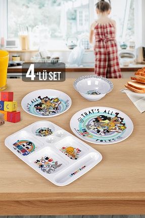 4 Parça Lisanslı Bebek Mama Tabağı Seti - Looney Tunes Melamin Kahvaltı Kase Yemek Tabağı MCH-400