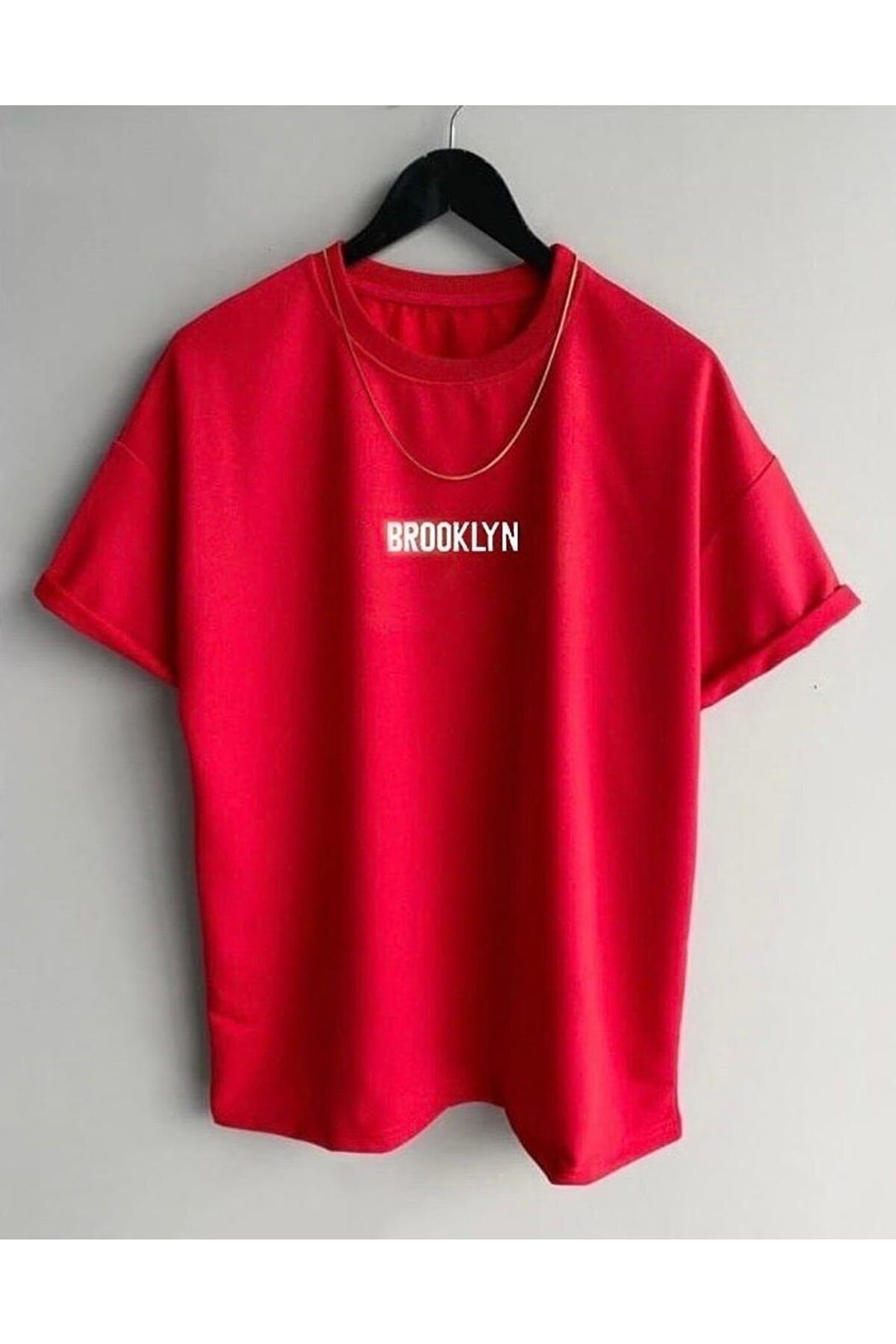 Black Sokak Blacksokak Erkek Kırmızı Brooklyn Baskılı Oversize Bisiklet Yaka Kısa Kollu Tshirt